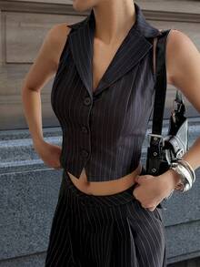 DAZY Women's Striped Open Front Casual City Sleeveless Blazer, Summer Business Attire - Black - View 2