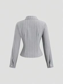 Sweetra 时尚撞色纹理纽扣修身腰部修身条纹领长袖女式衬衫 - 灰色 - 查看 4