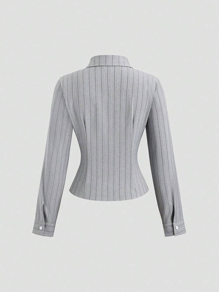 Sweetra Fashionable Contrast Color Textured Button Fitted Waist Flattering Striped Collar Long Sleeve Blouse For Women - Grey - View 4