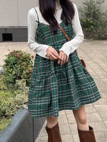 FRIFUL 女士格子吊带蝴蝶结交叉A字拼接休闲背心，秋季 - 藏蓝色 - 查看 3