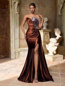 Glamrae Elegant Luxurious Beaded & Sequin Patchwork Elastic Satin Ruched Side Slit Fishtail Skirt, Suitable For Weddings, Parties, Vacations, Galas, Evening Dresses (Heavy Embellishment) - Coffee Brown - View 7