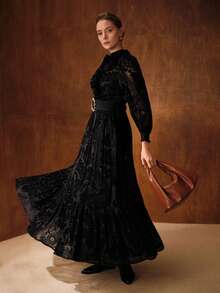 MOTF PREMIUM FLOCKING NOTCHED V NECK RUFFLE HEM DRESS