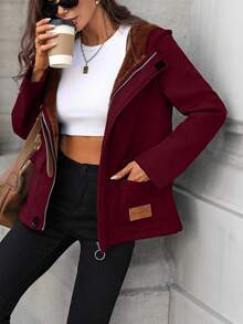 SHEIN LUNE 女士纯色保暖连帽衫，带口袋，常规版型，休闲日常外套，秋冬款 - 紅色 - 查看 3