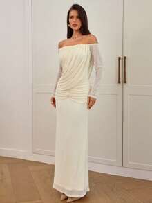 Aloruh Women's New Off Shoulder Draped Long Sleeve Bodycon Dress, Apricot Color, Autumn/Winter - Apricot - View 6