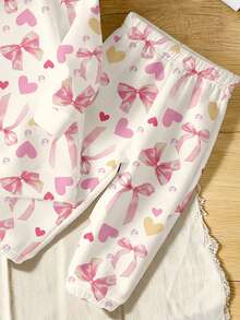 舒适秋冬女童休闲时尚创意个性清新简约可爱蝴蝶结、爱心、珍珠印花连帽衫和运动裤套装，舒适儿童家居服女童家居服套装睡衣儿童女童冬季睡衣 - 彩色 - 查看 5