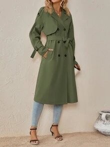 SHEIN Clasi 秋冬季插肩袖双排扣系带风衣 - 綠色 - 查看 6