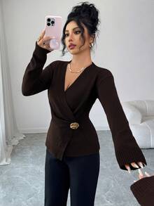 Siren Gaze Cardigã feminino elegante de manga comprida, cor sólida, decote em V e modelagem justa.