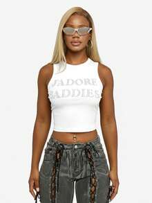 SUMWON WOMEN 女式无袖水钻印花短款背心 - 白色 - 查看 1