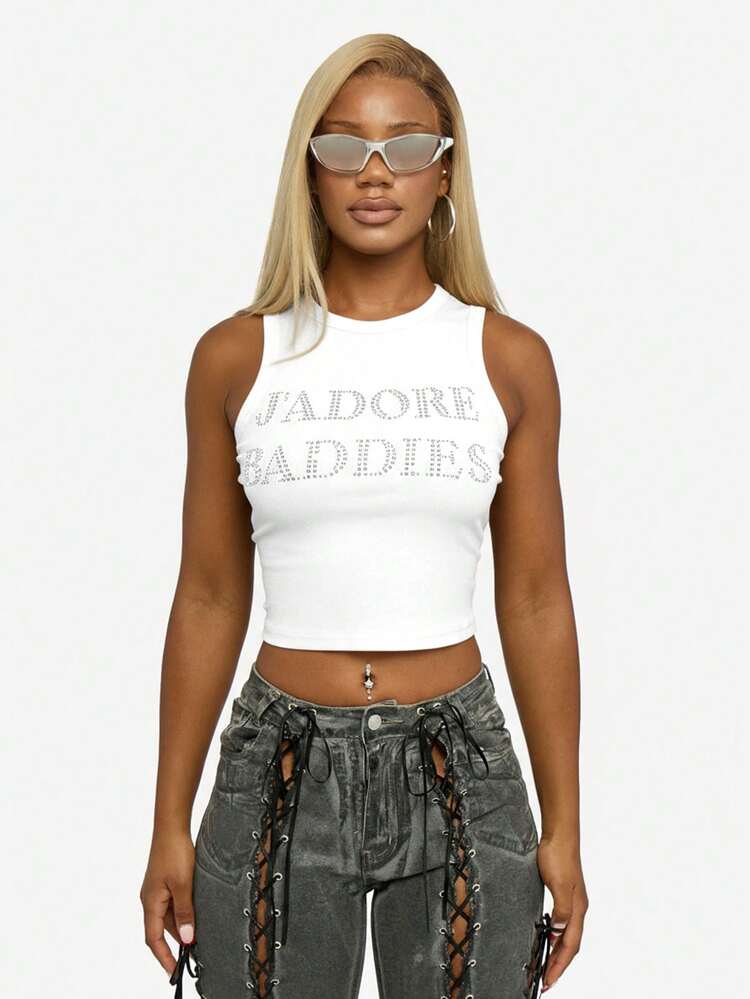 SUMWON WOMEN Rhinestone Graphic Crop Tank Top