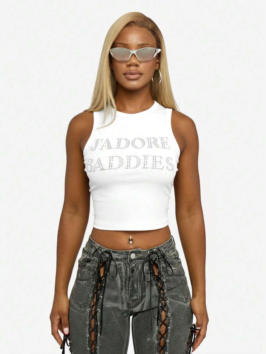 SUMWON WOMEN 女式无袖水钻印花短款背心 - 白色 - 查看 1