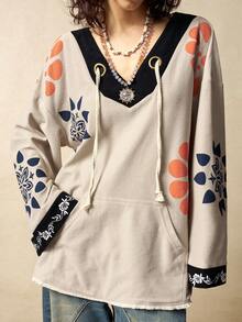 Bohemela 女士休闲宽松复古时尚抽绳喇叭袖上衣 - 杏色 - 查看 2