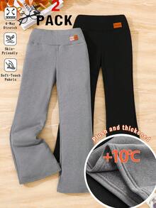 SHEIN 2件套女童休闲百搭保暖罗纹高领PU贴片喇叭裤套装，黑色和灰色，姐妹/妈妈和我款，秋冬季加厚绒裤，四向弹力喇叭裤，女童运动裤，亲肤运动裤