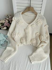 Comfortcana 大码休闲圣诞手工花卉V领落肩长袖纽扣针织开衫 - 米色 - 查看 9