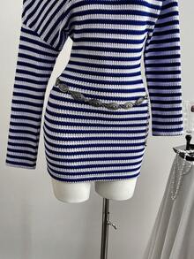 Elamini Blue & White Striped Knit Textured Fabric Asymmetric Shoulder Collar Dropped Shoulder Long Sleeve Cinched Waist Bodycon Mini Dress, Women Autumn/Winter Fashion, Suitable For Commute, Office, Elegant, School, Party, Date, Everyday Wear, Versatile - Multicolor - View 6