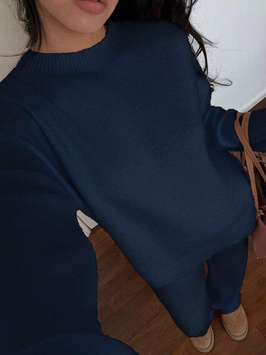 SHEIN Unity Conjunto de suéter casual de 2 piezas para mujer, compuesto por blusa de cuello alto de manga larga y pantalones de unicolor - Azul Marino - Ver 1