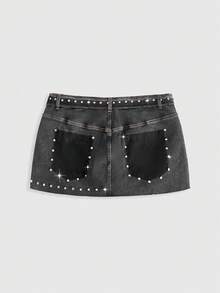 ROMWE Grunge Punk Grunge朋克铆钉做旧复古牛仔半身裙，配腰带，大码 - 鏽棕色 - 查看 2