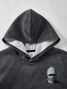 Bolty 青少年男孩休閒圖案印花寬鬆套頭運動衫 深灰色，秋季，街頭風，校園，返校季，舒適秋冬風格運動衫 - 黑色 - 查看 4