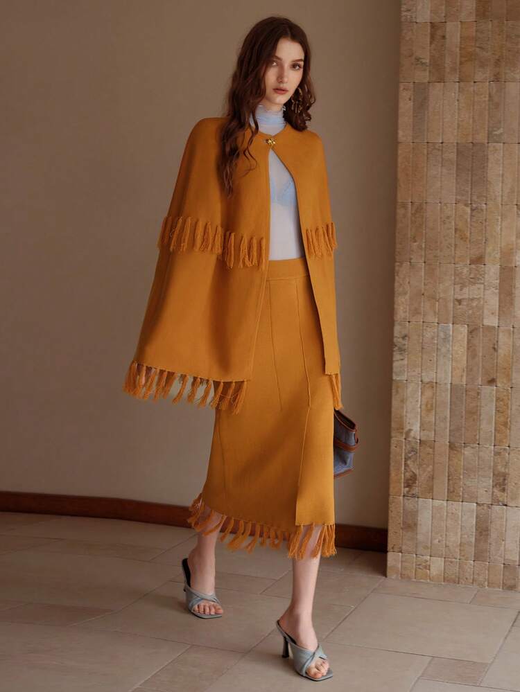 SOLID FRINGE HEM SWEATER SKIRT