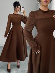 Modelyn Vestido de manga larga con cintura de encaje y dobladillo acampanado para mujeres