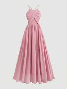 SHEIN Pitira 少女派对装粉色连衣裙，优雅，荷叶边领口，婚礼，婚礼宾客，花童，戒指男孩，派对礼服 - 粉色 - 查看 2