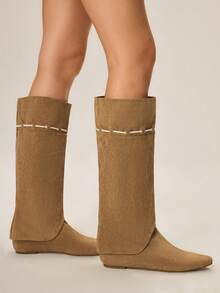 Styleloop Modische Retro-Kniehohe Stiefel mit verstecktem Keilabsatz für Damen - Aprikosenfarben - Übersicht 3