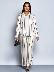 SOLERSUN Conjunto de Duas Peças de Roupas Femininas para o Outono e Inverno, Ideal para Uso Diário e Passeios Diurnos, Composto por Camisa de Mangas Longas com Estampa de Listras em Tons de Laranja Claro e Preto, Corte Solto, Pregas, Botões e Bainha Curva, e Calça de Perna Reta com Cintura Elástica. - Damasco - Visão 7