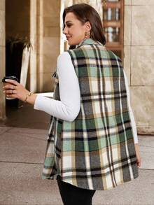 SHEIN Clasi Áo khoác len không tay kẻ caro thanh lịch cỡ lớn cho nữ, áo khoác công sở thời trang cho mùa thu/đông - Nhiều màu - Xem 2