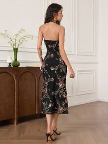 EastFlair 女士花卉亮片镂空修身优雅吊带长裙 - 黑色 - 查看 7