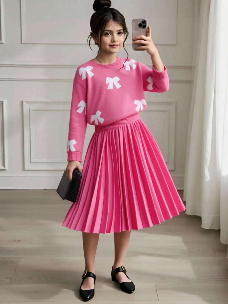 SHEIN Áo len cổ tròn màu xanh dương ngọt ngào, đa năng dành cho bé gái tuổi teen, phối cùng chân váy xếp ly họa tiết hoa, phù hợp mặc ở nhà, đi chơi, dự tiệc, đi học. Chân váy hồng dễ thương cho bé gái, kiểu Pháp, mùa xuân thu, quần áo bé gái mùa thu đông, chân váy hồng thắt nơ thanh lịch cho bé gái, chân váy mùa đông cho bé gái. - Hồng - Xem 1