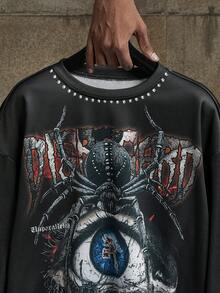 AXEPEAK Men's Casual Spider Eye Print Sweatshirt, Autumn/Winter, Long Sleeve Top - Black - View 3