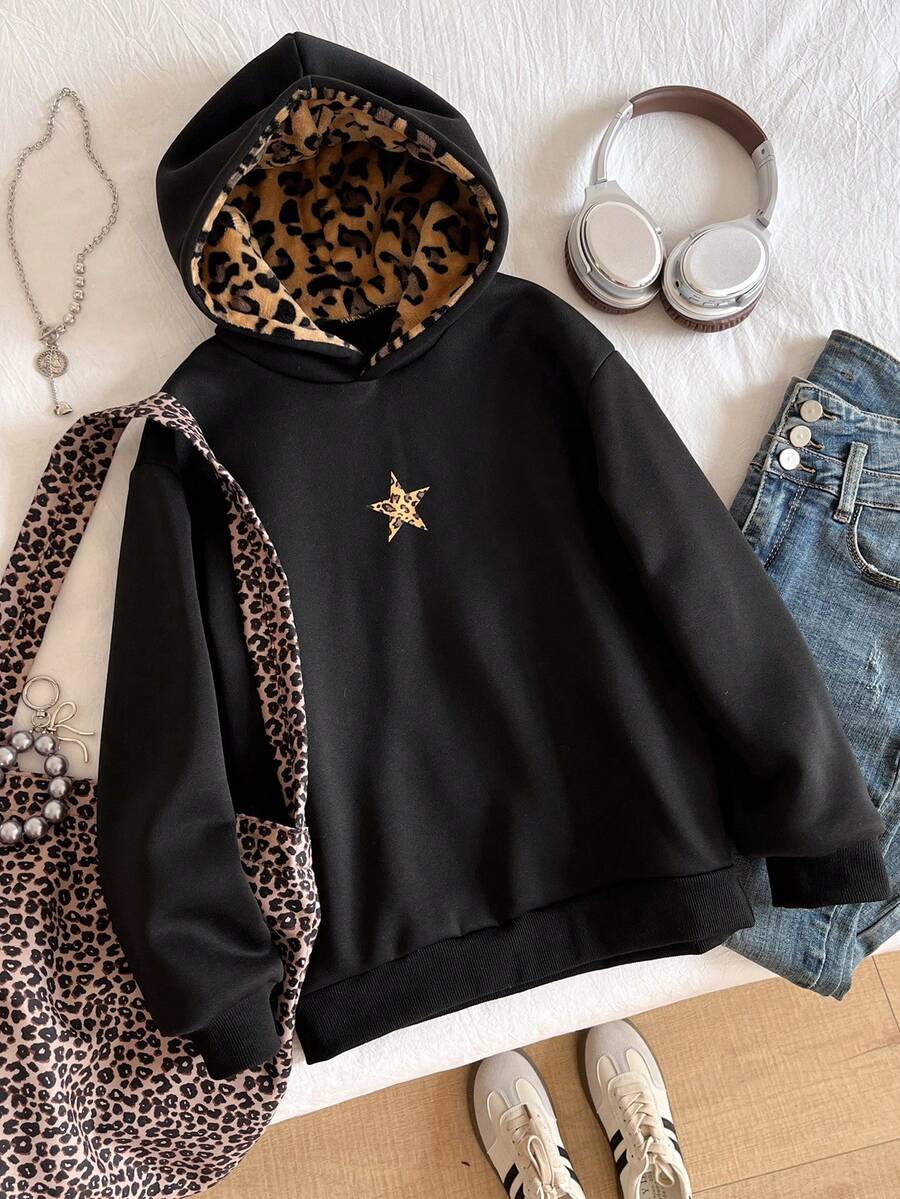 SHEIN 少女休闲豹纹保暖针织帽，适合上学和日常穿着 - 黑色 - 查看 1