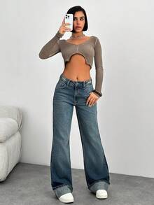 EURMUSE Women's Mid-Rise Washed Comfortable Breathable Slant Pocket Loose Wide-Leg Jeans - Medium Wash - View 7