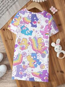 SHEIN X Care Bears Young Girl Cartoon Bear Pattern Round Neck Short Sleeve T-Shirt - White - View 2