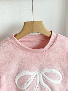 Genkimix Kids 2件套少女刺绣蝴蝶结爱心装饰法兰绒圆领长袖上衣和裤子睡衣套装