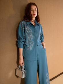 MOTF PREMIUM Bộ 2 áo blouse và quần đính hoa thanh lịch dành cho nữ - Màu xanh lam - Xem 6