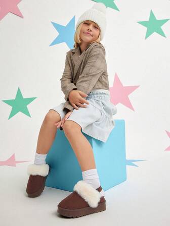 Mini mi Kids' Faux Fur Fluffy Collar Fabric Suede Chocolate Elastic Back Strap Slip On Platform Clogs – Soft & Comfy For Fun Days Out