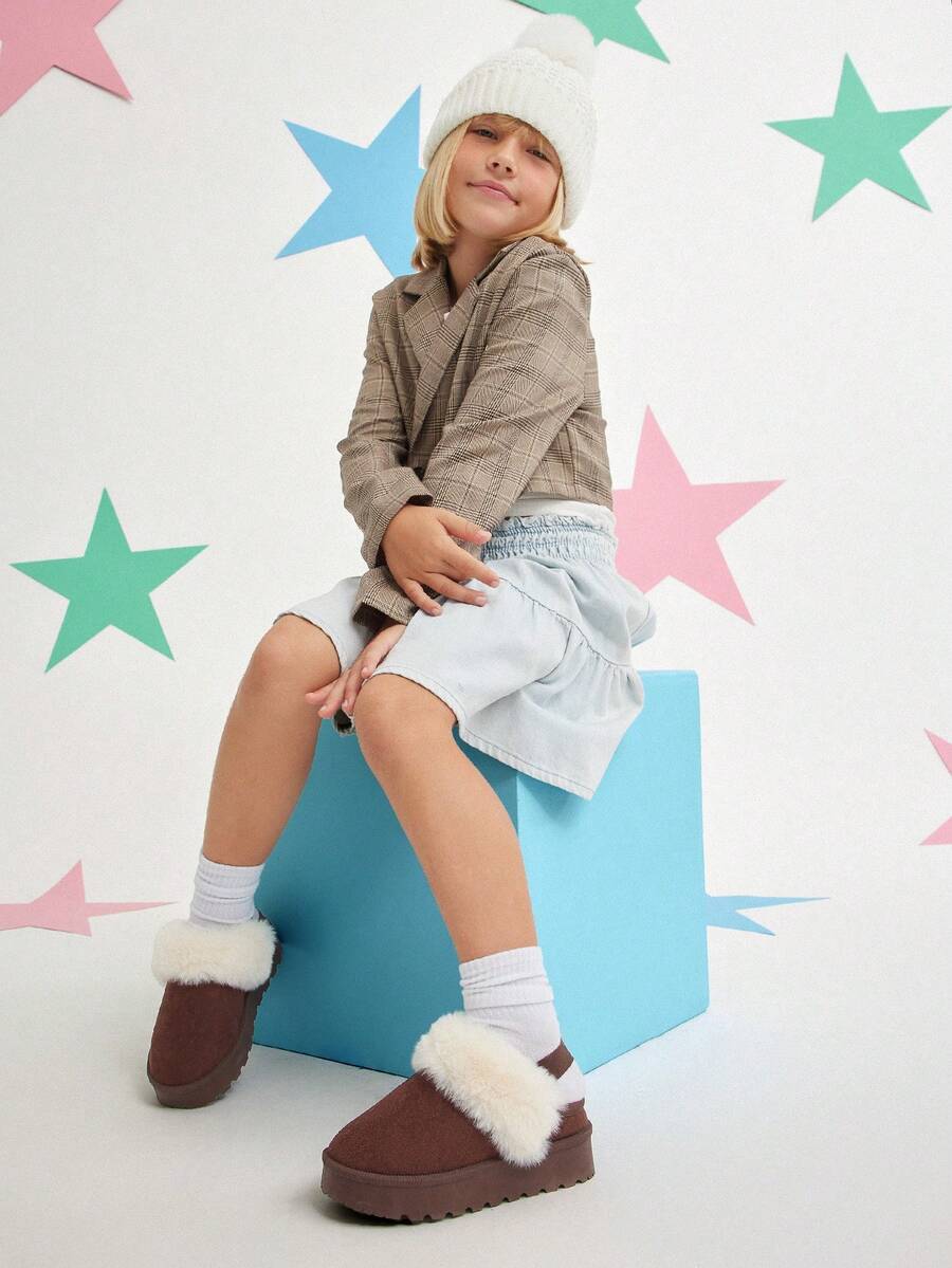 Mini mi Kids' Faux Fur Fluffy Collar Fabric Suede Chocolate Elastic Back Strap Slip On Platform Clogs – Soft & Comfy For Fun Days Out - Chocolate Brown - View 1