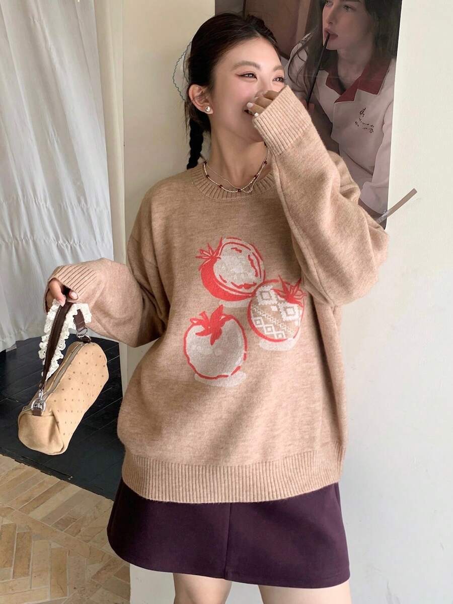 Dazy Plus Fashionable Girl's Casual Apple Jacquard Christmas & New Year Plus Size Women Pullover Sweater, Autumn/Winter - Khaki - View 1