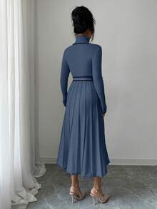 SHEIN Elenzya Váy len peplum viền tương phản, cổ cao ôm sát thanh lịch dành cho nữ, mùa thu/đông - Màu xanh bụi bặm - Xem 2