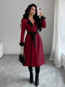 Elenzga 女款酒紅色天鵝絨秋冬優雅辦公風風衣，對比領雙排扣收腰法式風格百搭商務大衣 - 酒紅色 - 查看 3