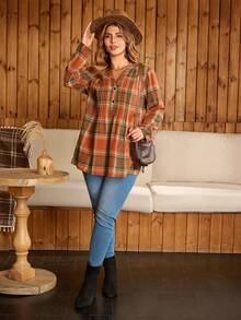 EMERY ROSE Plus Size Women Plaid Long Sleeve V-Neck Casual Loose Blouse, Winter Cozy Fall And Winter Country Style - Multicolor - View 5