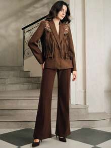 Anewsta 纯色麂皮绒拼接激光切割流苏图腾刺绣翻领H型长袖西装外套 - 咖啡棕 - 查看 4