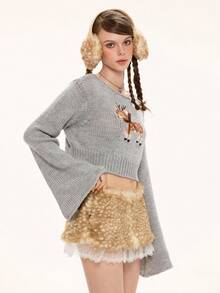ROMWE Kawaii Cute Crocheted Deer Short Flare Sleeve Women Knitted Sweater - Dusty Blue - View 4