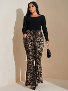 SHEIN Tall CURVE 1件装 女士加大码豹纹高弹力腰裤，带口袋/适合冬季、春季、情人节、日常生活、通勤、上学、教师、会议、外出、休闲等场合 - 棕色 - 查看 7