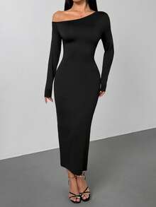 SHEIN PETITE 纯色褶裥腰部黑色长袖连衣裙，不对称领口 - 黑色 - 查看 3