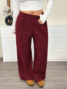 SHEIN EZwear 大码棕色格子羊毛西装裤，秋冬季 - 彩色 - 查看 3