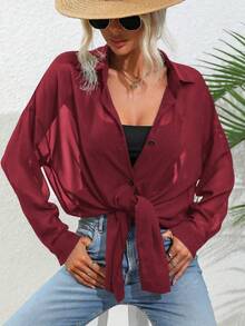 SHEIN LUNE Camisa casual de manga larga con botones delanteros transparentes de unicolor - Burdeos - Ver 5