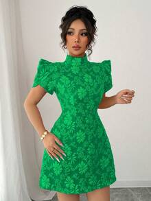 Selianne Váy ngắn tay bồng vải đỏ họa tiết cổ điển thanh lịch hở lưng cổ cao thắt nơ màu tương phản thiết kế độc đáo ôm vừa vặn cho nữ, mùa hè - màu xanh lá - Xem 4