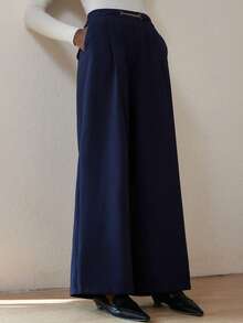 Aveloria Modichic Granatowe, elastyczne, luźne, modne spodnie z szerokimi nogawkami i ozdobnym łańcuchem - Granatowy - Zobacz 6