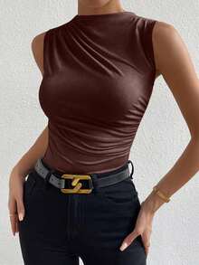 SHEIN PETITE Tank Top Lipit Leher Tinggi Kasual Modis, untuk Wanita Bertubuh Mungil - Coklat - View 3